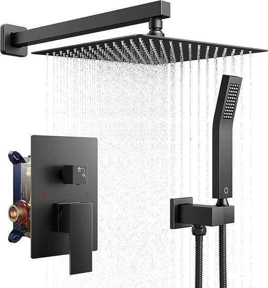 FORIOUS Rain Shower Head System, 10 Inch Shower Faucet Set with with handheld combo, Solid Brass Pressure Balanced Valve and Trim Kit Fixtures, Wall Mounted, Brushed Nickel (Matte Black, 12 inch)