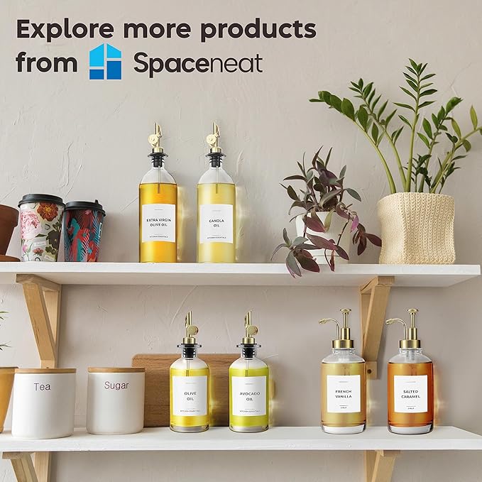 Olive Oil Dispenser Bottle - Includes 55 Kitchen Essential Labels - Cooking Oil Bottles for Kitchen, Coffee Syrup Dispenser - Pourer Spout with 11.8 fl oz Glass Container Cruet - 4pcs, Gold