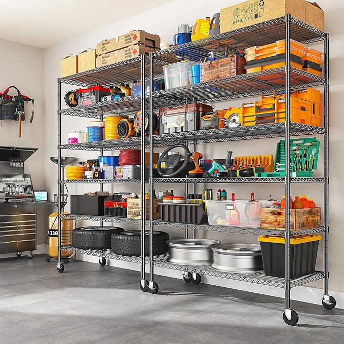 82" H X45 W X18 D Storage Shelves with Wheels, 6 Tier Wire Shelving Adjustable Metal Shelving Pantry Shelves Capacity 1200LBS for Garage Shelving, Pantry, Kitchen, Closet, Commercial, Black