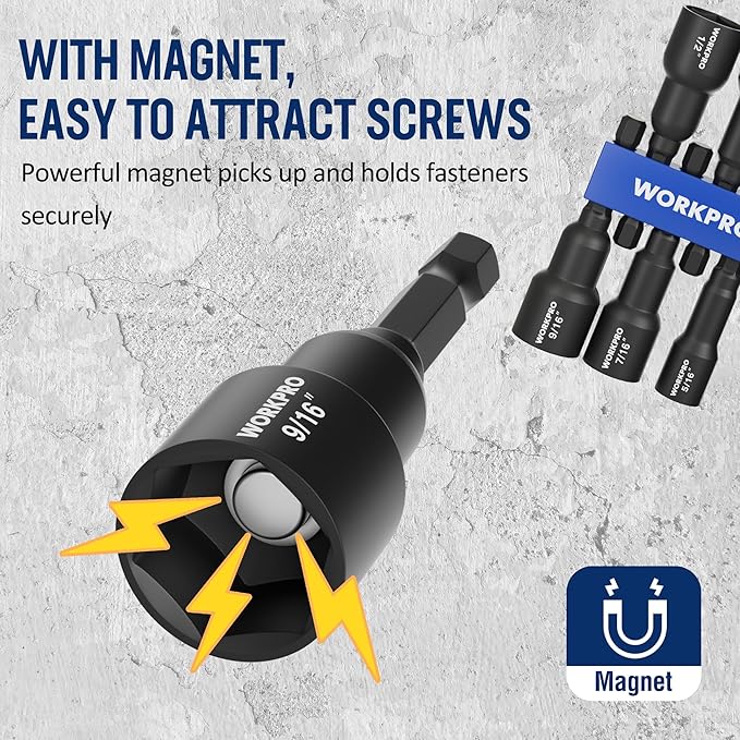 WORKPRO 6 PCS Magnetic Nut Driver Set, Metric & SAE, 1/4" Hex Shank, Drill Socket Set, Impact Driver Bit Set, 1/4” to 9/16”, Chrome Vanadium Steel
