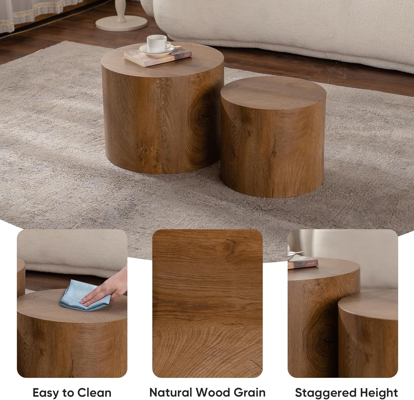 Nesting Round Coffee Table Set of 2, Small Circle Accent End Table for Small Spaces, Morden Drum Side Table, Wooden Center Table for Living Room, Fully Assembled - Light Walnut