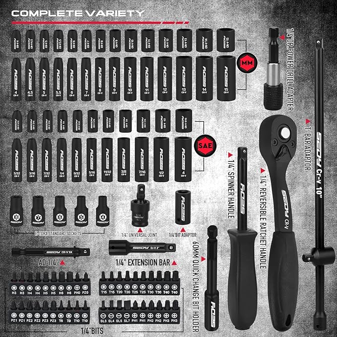 105-Piece 1/4" Drive Impact Socket Set, SAE 5/32"-9/16" & Metric 4-15mm, CR-V Steel Mechanics Tool Set with Ratchet Wrench, Adapters, Universal Joint, Screwdriver Bits, Bit Holder, Extension Bar