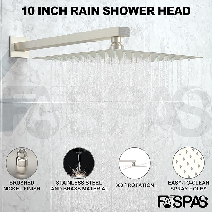 Shower Faucet Set, Shower System with 10 Inch Rain Showerhead and Handheld Shower, Wall Mounted High-Pressure Showerhead Combo Set Included Valve and Trim, Brushed Nickel