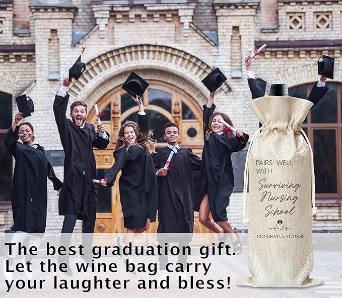 Graduation Wine Gifts Bag, Congratulations Nurse Graduate Reusable Wine Bag, Champagne Gifts Bag, Congrats Nurse Gifts For Women Man, Graduation Party Gifts, Burlap Drawstring Wine Bag With Card-20
