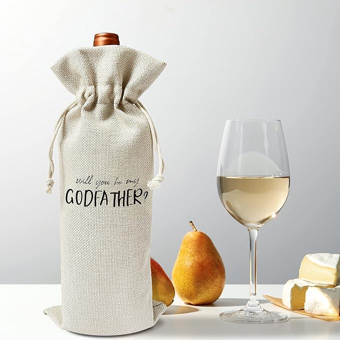 Godfather Wine Gift Bags - Gift for Godfather, Uncle, Godparent, Baptism - Reusable Burlap With Drawstring Gift Bag (5.5"x 13.5")-1 Pcs/jiu066