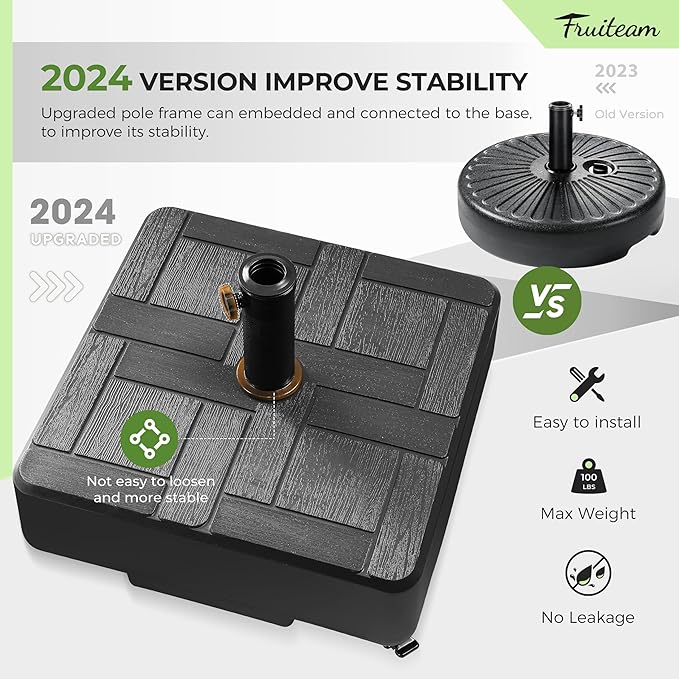 FRUITEAM 155lb Capacity Fillable Portable Umbrella Base with Wheels,Patio Umbrella Base Heavy Duty, Square Market Stand for Patio,Outdoor,Deck w/ 4 Wheels, 2 Locks, 1 Knobs, Wind-Resistant Design