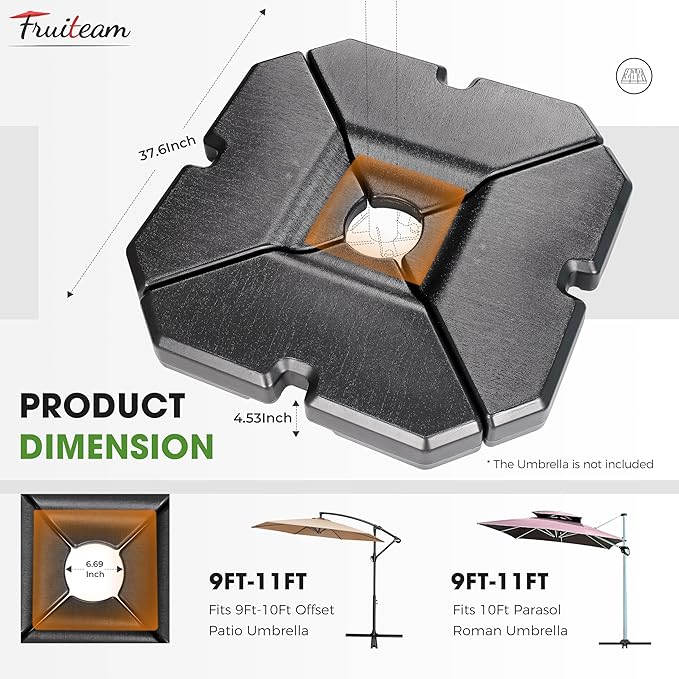 FRUITEAM 233lbs Capacity Durable Patio 4pcs Umbrella Base,with Easy-Fill Ports for Water/Sand,Stabilizes 9-11FT Large Cantilever Outdoor Umbrellas