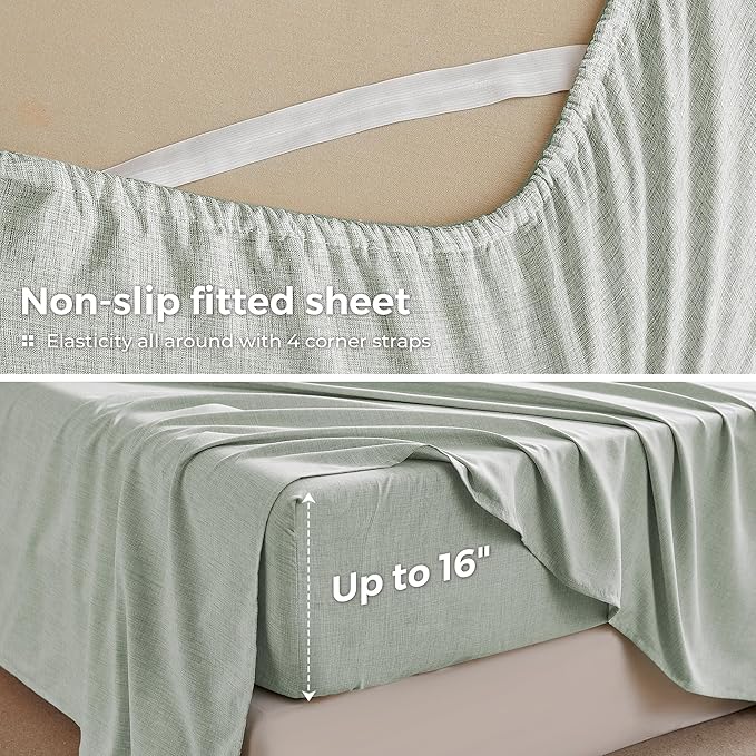 Full Sheets Sage Green, Ultral Soft Cationic Linen Look Sheets, Luxury Cooling Cozy Bed Sheet Set with Non-Slip Fitted Sheet