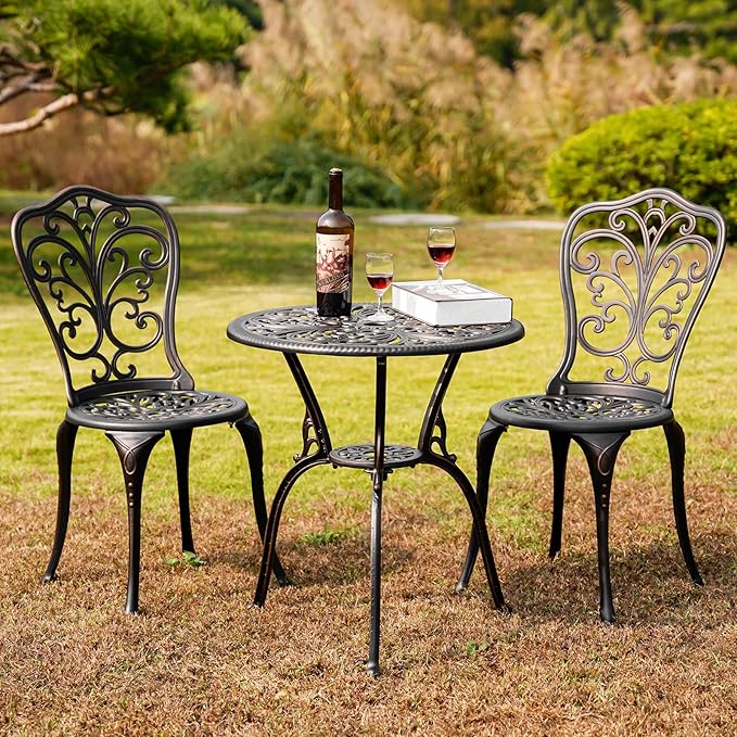 Outdoor Bistro Set 3 Piece Patio Bistro Set with Umbrella Hole, Weather Resistant Bistro Table and Chairs Set of 2 for Porch Garden, Bronze