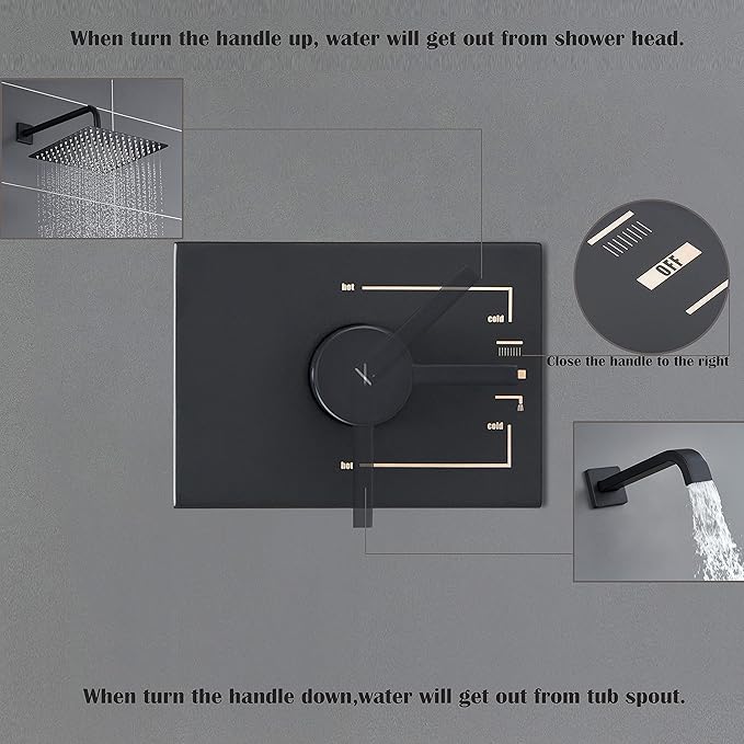 Black Shower Head and Handle Set, Shower Faucet Set with 8-Inch Rain Shower Head and Tub Spout, Single-Handle Shower Trim Kit（Valve Included)