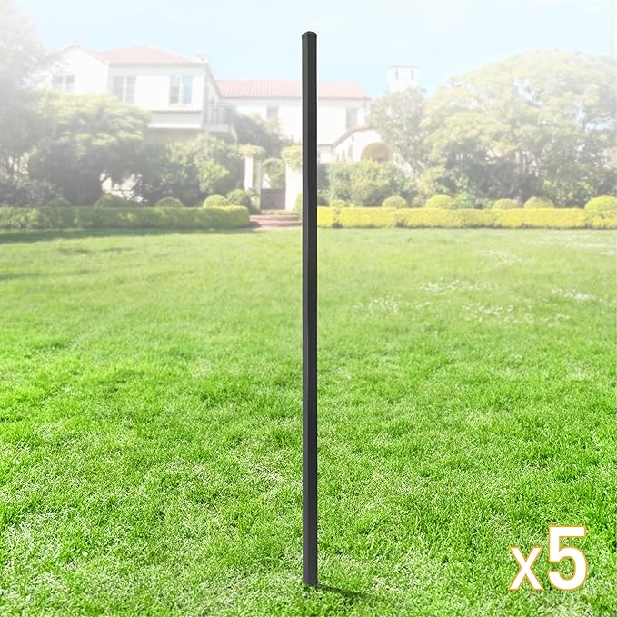 Fencer Wire Pack of 5 Heavy Duty 8FT Outdoor Steel Fencing Border Post, 16 Gauge Anti-rust Metal Fence Post, 2” Diameter Decorative Garden Fence Post, Black, FPSPS16-B8X5 FW6P