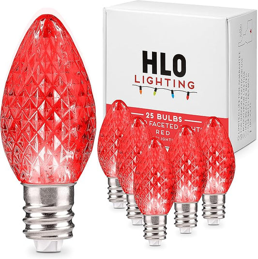 Holiday Lighting Outlet Faceted C7 Christmas Lights | Red LED Light Bulbs Holiday Decoration | Warm Christmas Decor for Indoor & Outdoor Use | 2 SMD LEDs in Each Light Bulb | Set of 25