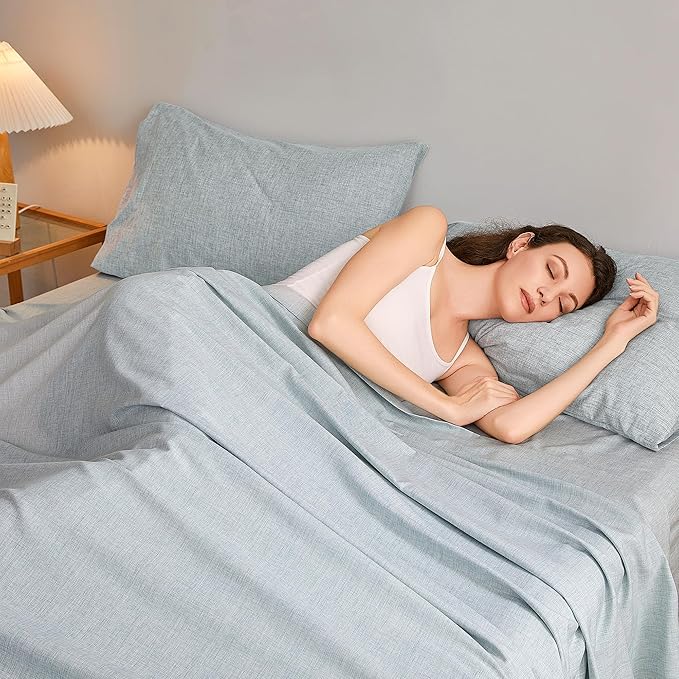 Full Sheets Blue, Ultral Soft Cationic Linen Look Sheets, Luxury Cooling Cozy Bed Sheet Set with Non-Slip Fitted Sheet