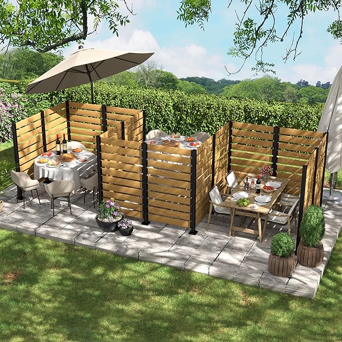 MUPATER 60in H×78in W No Dig Wooden Privacy Screen, Outdoor Wall Suit for Hard Ground & Soil, 2 Way to Use, Outdoor Privacy Fence Panel with Aluminum Post, Air Conditioner Fence, Natural (2 Panels)