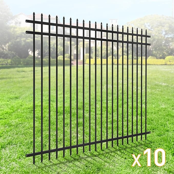 Fencer Wire Pack of 10 Heavy Duty Pinnacle Fence Barrier Panel, 6FT Height X 8FT Width Anti-Rust Metal Fencing Panel, 2” Diameter Steel Outdoor Decorative Garden Fence Panel for Yard, Pool, Patio