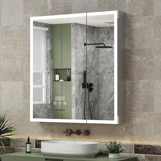 30"×32" Lighted Medicine Cabinet Mirror, Recessed Bathroom Mirror Cabinet with Lights, Defogger, Dimmer, Clock, Built-in Outlet & USB Ports, Wall-Mounted LED Bathroom Mirror, Double Door