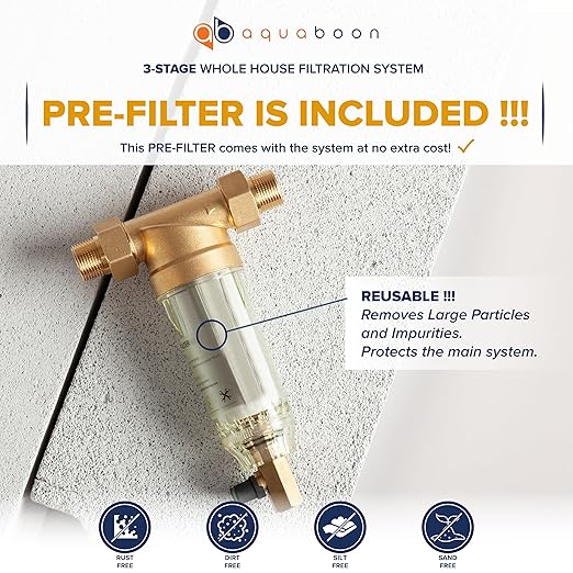 Aquaboon Whole House 3 Stage Water Filter System - 5 Micron Activated Carbon, Anti-Scale, Sediment Filters for Well Water - 20x4.5 Big Water Filter Housing w/Wrench, Frame & Pressure Gauge & Release