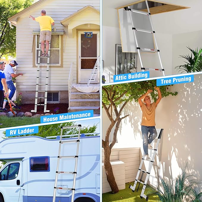 Telescoping Ladders 12.5 FT Aluminum Lsdder - One-Button Retraction Collapsible Extension Ladder for Home,RV,Attic,Lasts 330 LBS with Swivel Feet and Non-Slip Cushion