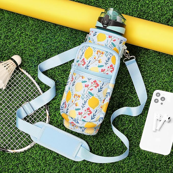 Fimibuke 32 oz Water Bottle with Sleeve - BPA Free Leakproof Sport Large 1L Plastic Motivational Water Bottle with Straw Strap & Insulated Neoprene Holder Carrier Bag Great Xmas Gift for Women Men