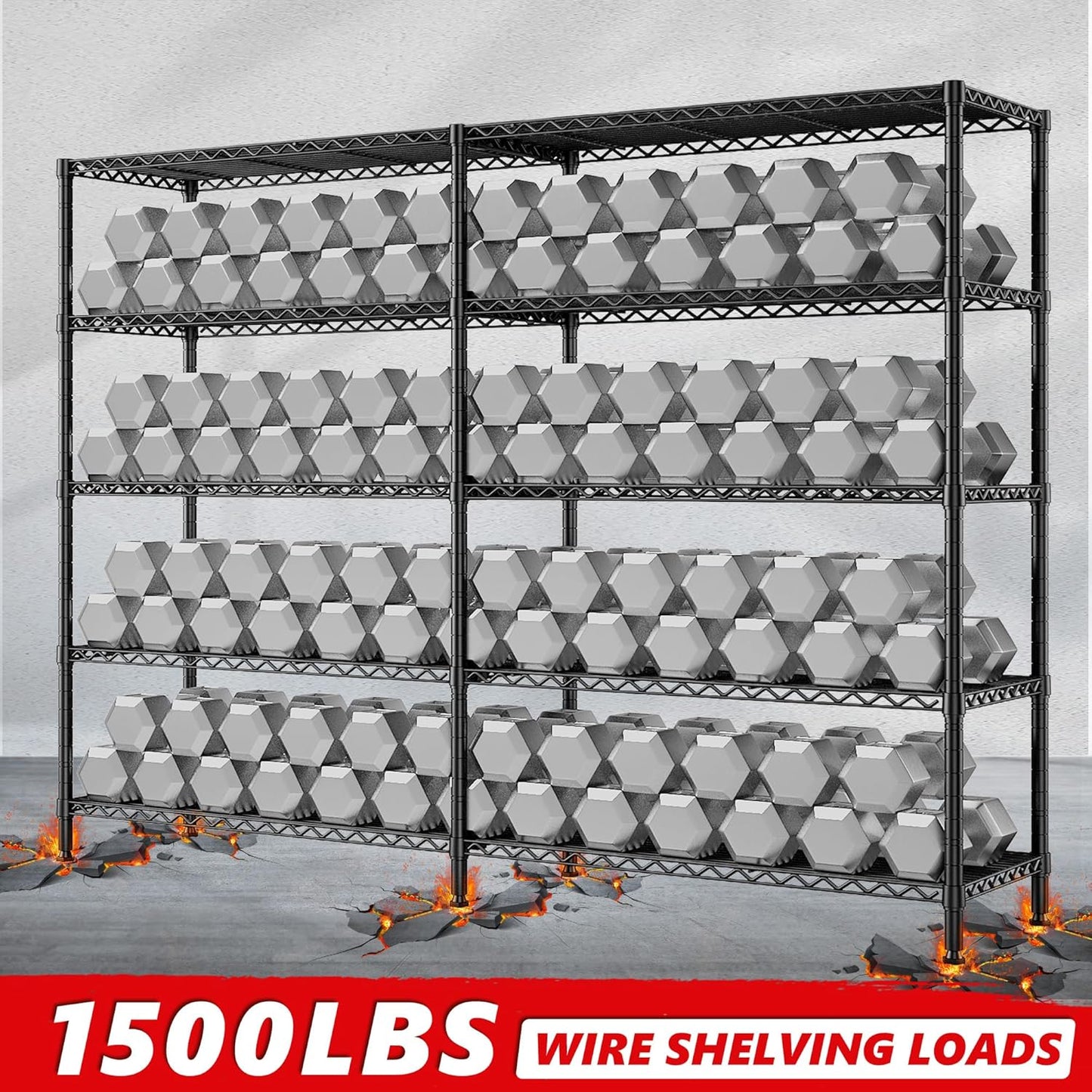 REIBII 1500LBS Storage Shelves Metal Shelving Unit 61.7''W Wire Shelving, 5 Tier Pantry Shelves Kitchen Shelves Adjustable Wire Shelf for Garage Shelving Heavy Duty, 61.7" W*72.4" H*15.8" D