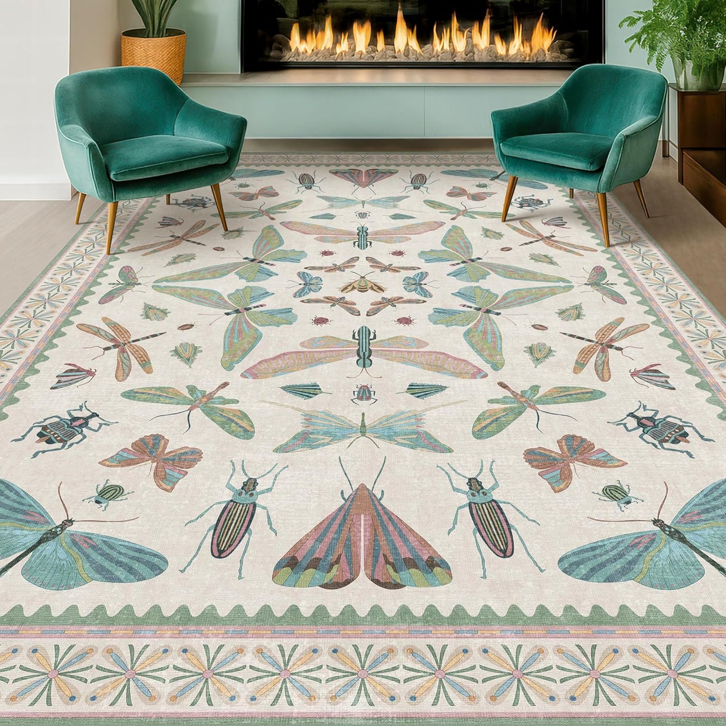 Sage Green Rugs for Bedroom Under Bed - 6x9 Area Rug for Living Room, Dining Room, Kids Playroom, Fun Insect Cute Décor,Ultra Soft Non Slip Stain Resistant