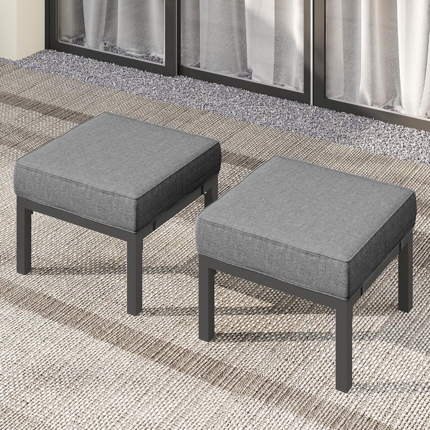 Solaste Outdoor Footstools Patio Ottoman Set of 2, Aluminum All-Weather Outdoor Footrest Seat with Removable Cushions, Patio Furniture Ottomans for Garden, Backyard, Poolside-Gray