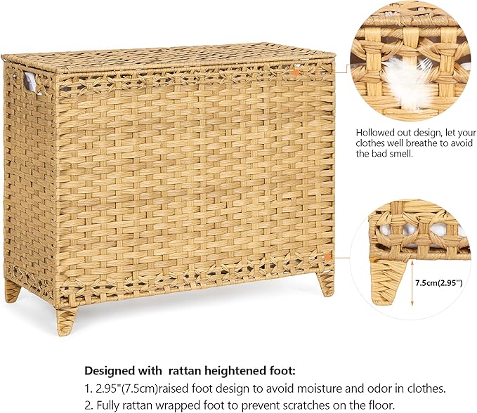 Laundry Hamper with 4 Removable Liner Bags; 176L Handwoven Rattan Laundry Basket with Lid & Heightened Feet; Clothes Hamper with Side Handles (Natural)