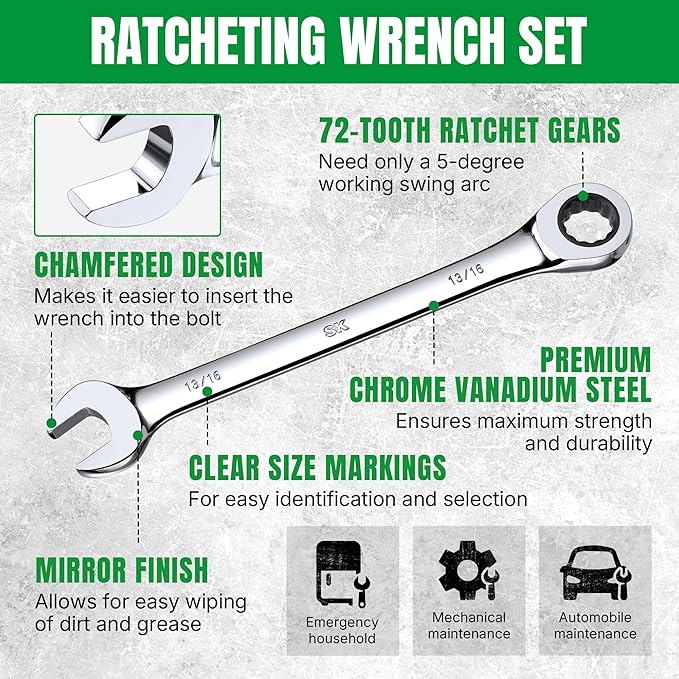 SK Ratcheting Wrench Set, Combination Wrench Set, 13-Piece, SAE 1/4" to 1", 72-Tooth, Premium CR-V Construction, with Rack Organizer