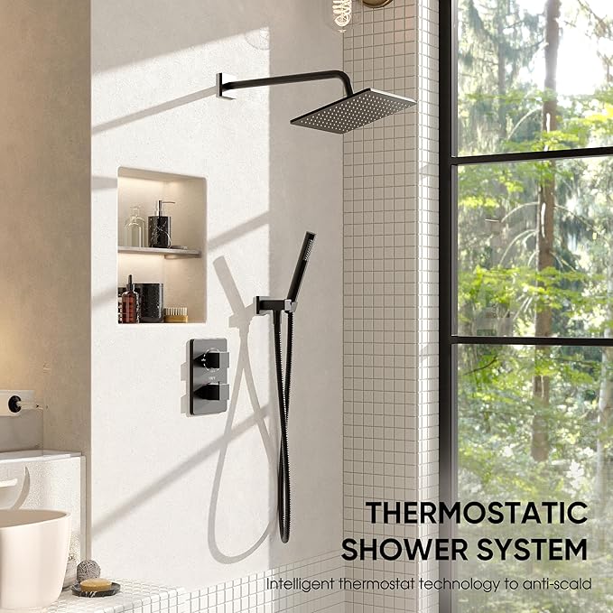 Esnbia Thermostatic Black Shower System, All Metal Shower Faucet Set with 10 Inches Rain Shower Head, Rainfall Shower Heads with Handheld Spray Combo，Anti-Scald Shower Combo Set, Matte Black