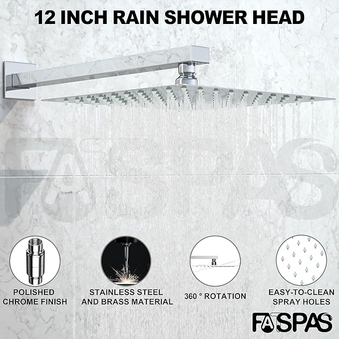 Shower System with Tub Spout, Wall Mounted Shower Faucet Set for Bathroom with 12 Inch Rain Shower Head and Handheld Shower Head Set, Polished Chrome