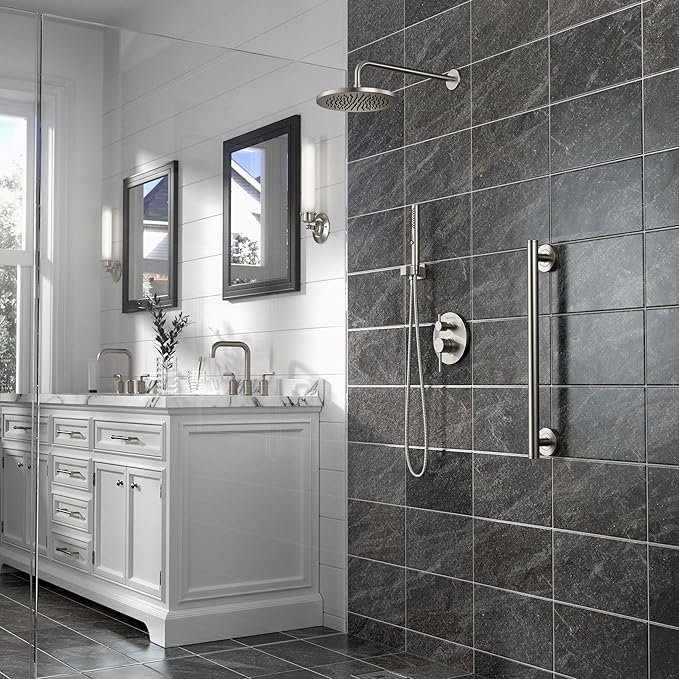 Lava Odoro Modern 2-Setting Round Rain Shower System, Brushed Nickel Rainfall Shower Faucet Set Rain Shower Head and Handle Set, Shower Valve Trim Kit,10 Inch, Brushed Stainless, SF104-BN