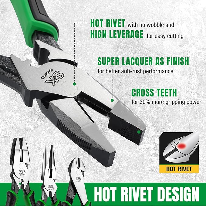 SK 5-Piece Pliers Set, 8" Needle Nose & Slip Joint & Diagonal Pliers, 9.5" Linesman, and 10" Groove Joint, CR-V Construction, Anti-slip Handle, with Rolling Pouch