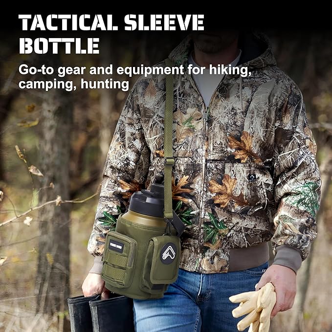 TRIBE WOD Tactical Water Bottle - 64 oz - Outdoor Military Water Bottles Stainless Steel - Double-Wall Jug with Rugged Strap and Removable Sleeve for Keys, Wallet, Phone (Military Olive)