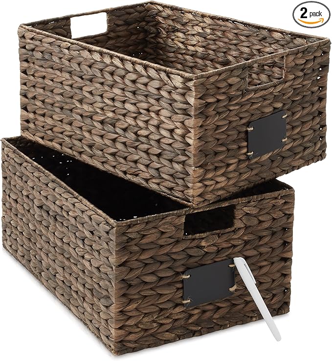 Casafield Set of 2 Water Hyacinth Pantry Baskets, 12-1/2" x 17" x 8", with Chalkboard Labels and Chalk Marker - Espresso, Woven Storage Bin Organizers for Kitchen Shelves