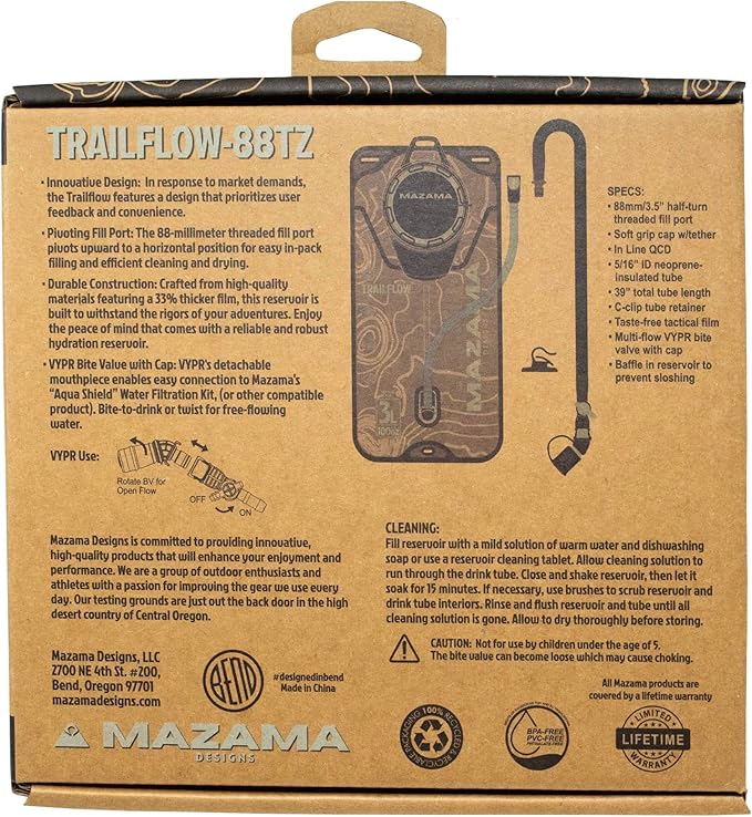 Trailflow-88TZ Hydration Bladder by Mazama Designs. Leakproof, Easy to Clean and Fill Water Reservoir BPA Free, Fits Most Hydration Backpacks. Great for Running Hiking Camping Cycling. (3L)