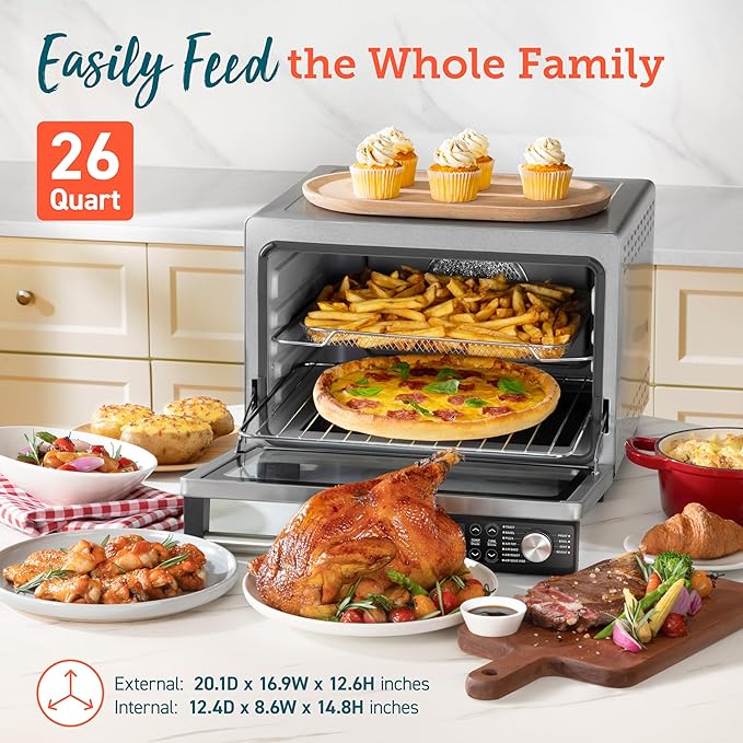 COSORI Ceramic Air Fryer Toaster Oven Combo, 11-in-1 Flat-Sealed Heating Elements for Easy Cleanup, Innovative Burner Function, 6 Accessories & Recipes, 26QT, Silver, Stainless Steel