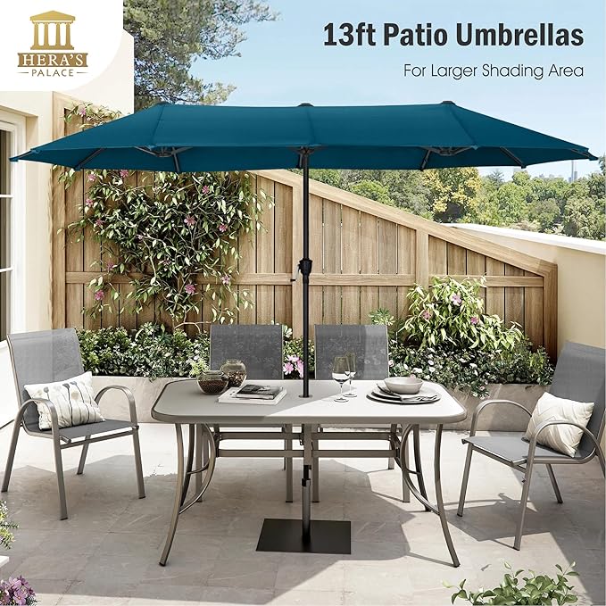 HERA'S PALACE 13 Ft Double-Sided Twin Patio Umbrella, Outdoor Double Sided Market Patio Umbrella with Crank, Powerful UV Protective (Cerulean)