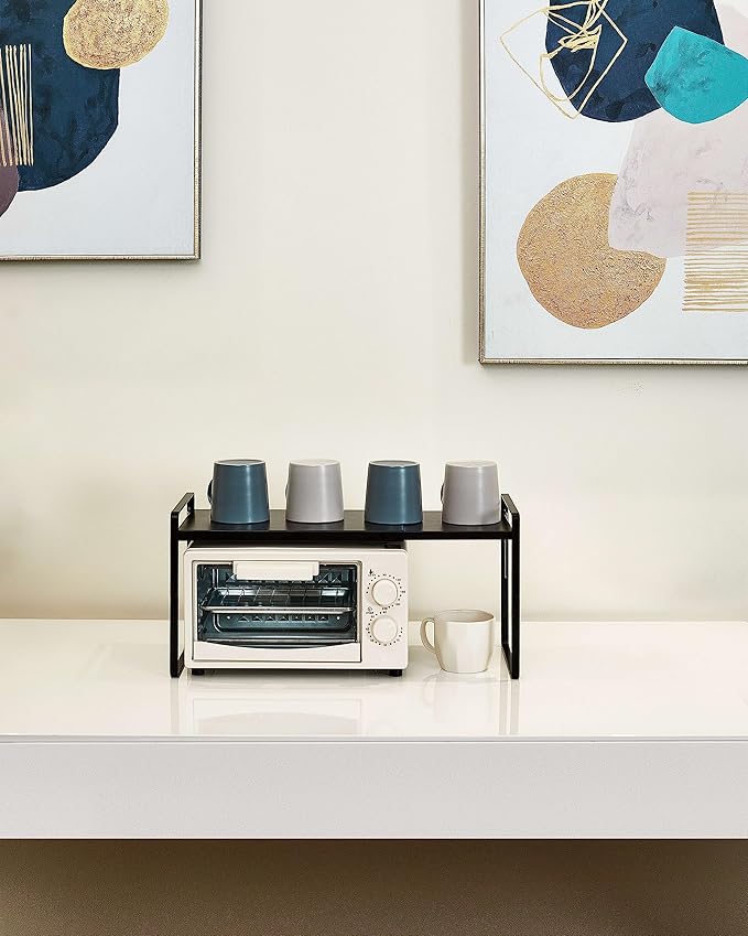 Nxconsu Cabinet Shelf Expandable Height Adjustable Shelf Organizer Riser for Kitchen Cabinet Pantry Cupboard Under Sink Countertop Organization Storage Space Saver Stackable Heavy Duty Metal Black XXL