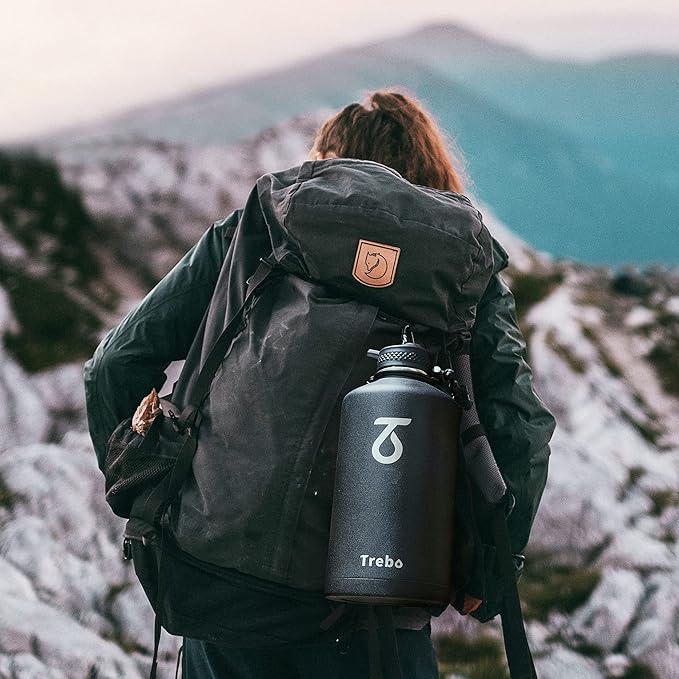 Trebo One Gallon Water Bottle Insulated with Paracord Handle,128oz Food-grade Double Wall Vacuum Stainless Steel Insulated Jug with Straw Spout Handle Lids, Leakproof Keep Cold & Hot,Black