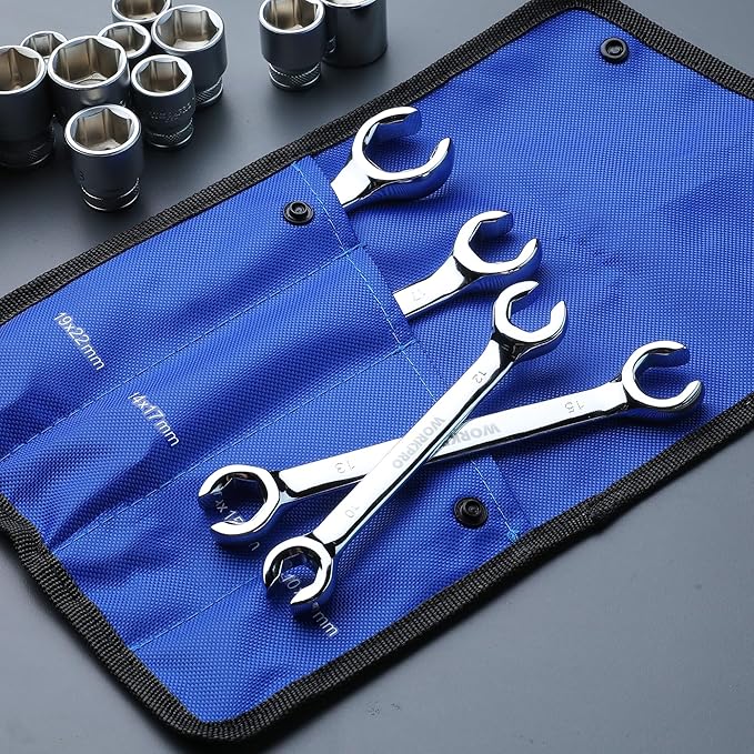 WORKPRO 4-Piece Flare Nut Wrench Set, Metric Brake Line Wrenches 10, 12, 13, 14, 15, 17, 19, 22mm, Cr-V Steel, 15° Offset Head Tubing Wrench, Organizer Pouch Included