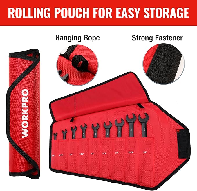 WORKPRO 9-Piece Anti-Slip Ratcheting Combination Wrench Set, SAE 1/4"-3/4", 72-Teeth, Cr-V Constructed, Black Ratchet Wrenches Set with Roll Up Pouch