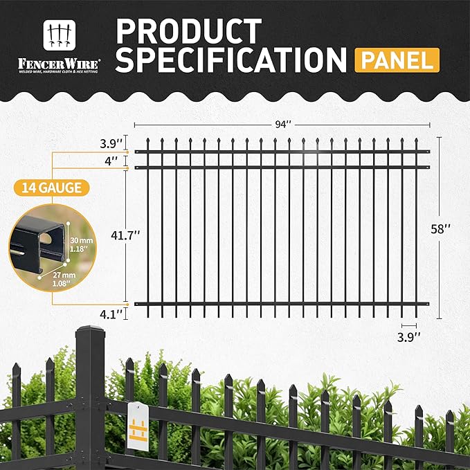 Fencer Wire Heavy Duty Pinnacle Fence Barrier Panel, 5FT Height X 8FT Width Anti-Rust Metal Fencing Panel, 2” Diameter Steel Outdoor Decorative Garden Fence Panel for Yard, Pool, Patio, Single Panel