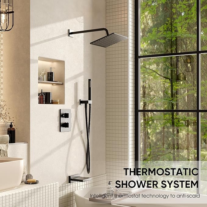 Esnbia Thermostatic Tub Shower Faucet Set, All Metal Tub System with 3 Way Valve, 10 Inch Rain Shower Head with Handheld Spray Combo,Matte Black