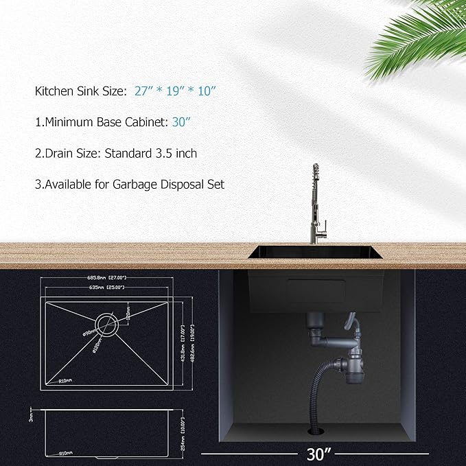 27 Black Kitchen Sink - Lordear 27 x 19 Inch Undermount Sink Gunmetal Black 16 Gauge Stainless Steel Deep Single Bowl Handmade Sinks Basin