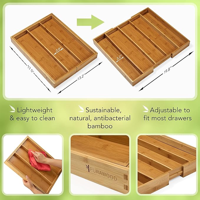 Purawood 2 PACK Large Premium Bamboo Silverware Organizer - Expandable Kitchen Drawer & Utensil Organizer, 17.5" x 19.75" Cutlery Tray with Drawer Dividers for Kitchen Flatware…