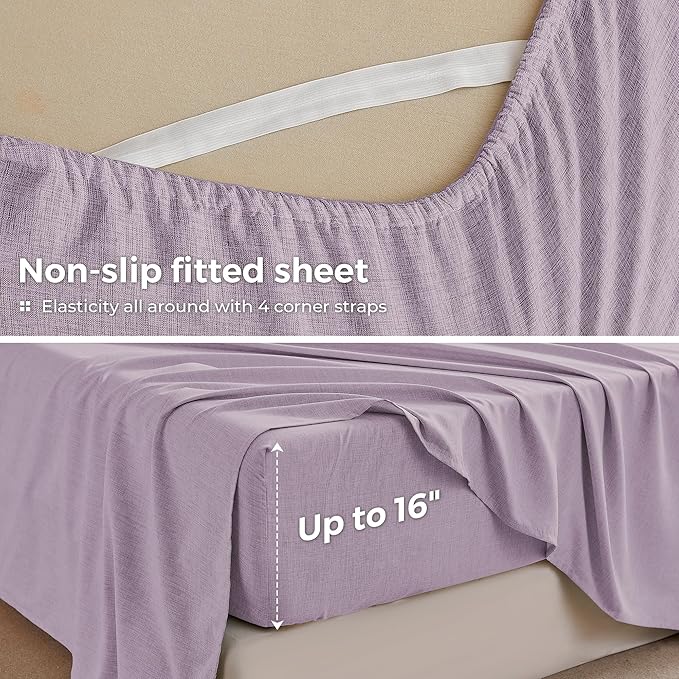 Full Sheets Purple, Ultral Soft Cationic Linen Look Sheets, Luxury Cooling Cozy Bed Sheet Set with Non-Slip Fitted Sheet