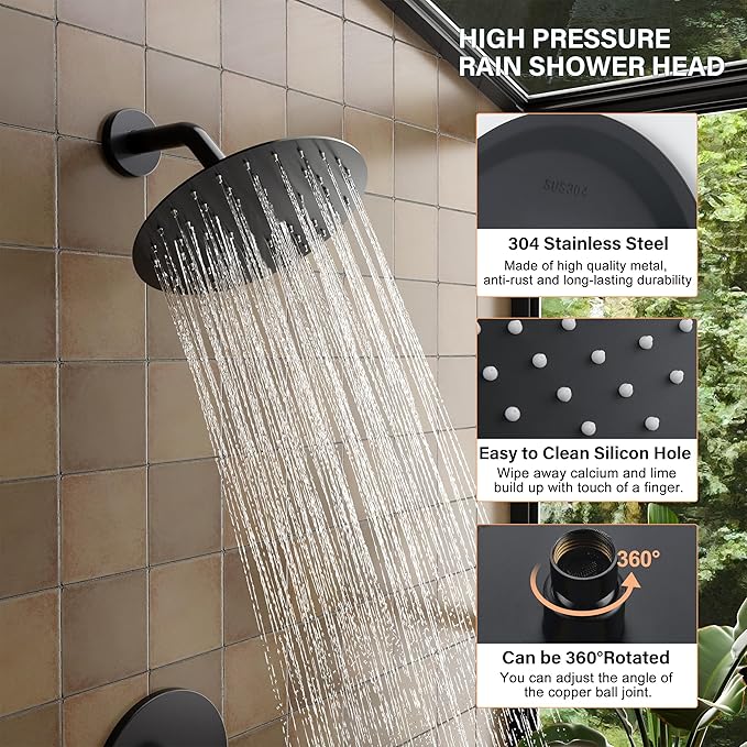 Shower Faucet, Black Shower Faucet Set with 8-Inch Rainfall Showerhead, Single-Handle Shower-Trim Kit Included Valve, Matte Black