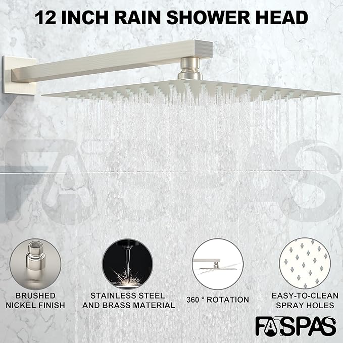 Shower Faucet Set, Shower System with 12 Inch Rain Showerhead and Handheld Shower, Wall Mounted High-Pressure Showerhead Combo Set Included Valve and Trim, Brushed Nickel