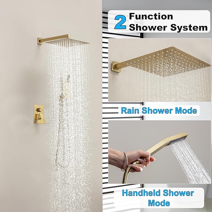 10 Inch Shower Faucet Set, Rainfall Shower System with Square Fixed Shower Head and High Pressure Handheld Shower Head, Spray Wall Mounted Rainfall Shower Fixtures, Brushed Gold