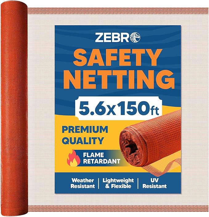 Fire Retardant Debris Safety Netting (5.6' x 150' - Orange) - High Visibility Construction & Scaffolding & Railing & Elevator Netting for Enhanced Safety - Construction Fencing